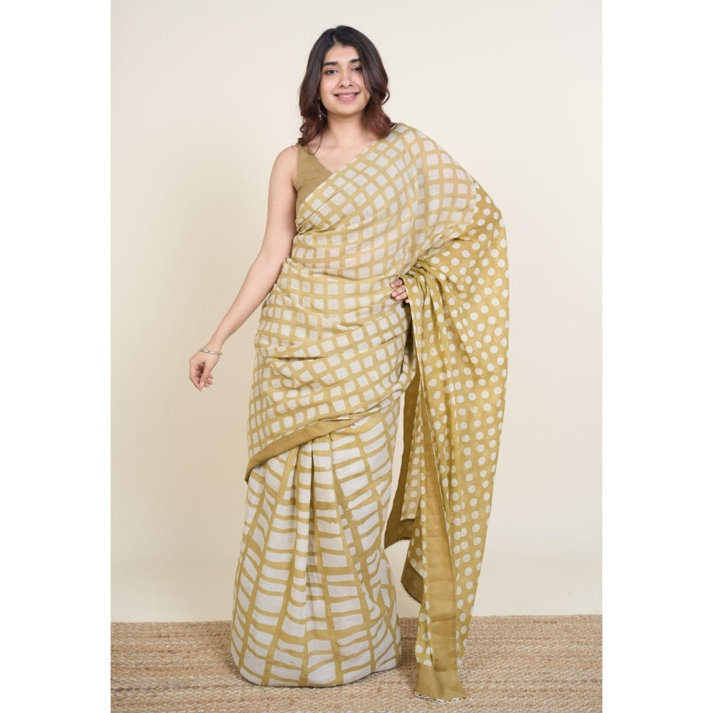 The Indian Ethnic Co. Urooj Khaki Batik Hand Block Print Mul Cotton Saree Without Blouse