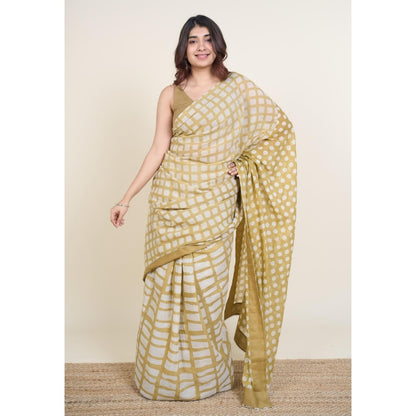 The Indian Ethnic Co. Urooj Khaki Batik Hand Block Print Mul Cotton Saree Without Blouse