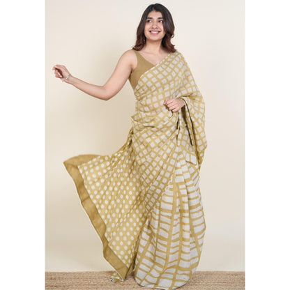 The Indian Ethnic Co. Urooj Khaki Batik Hand Block Print Mul Cotton Saree Without Blouse