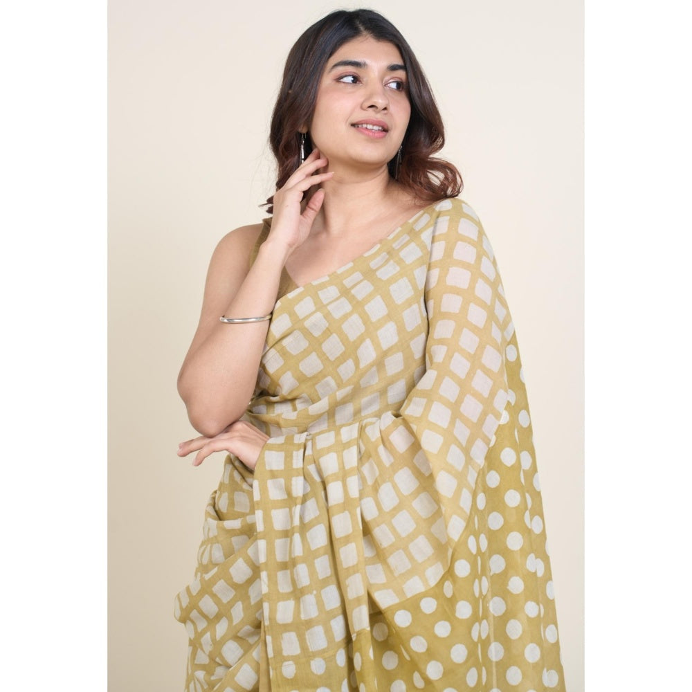 The Indian Ethnic Co. Urooj Khaki Batik Hand Block Print Mul Cotton Saree Without Blouse