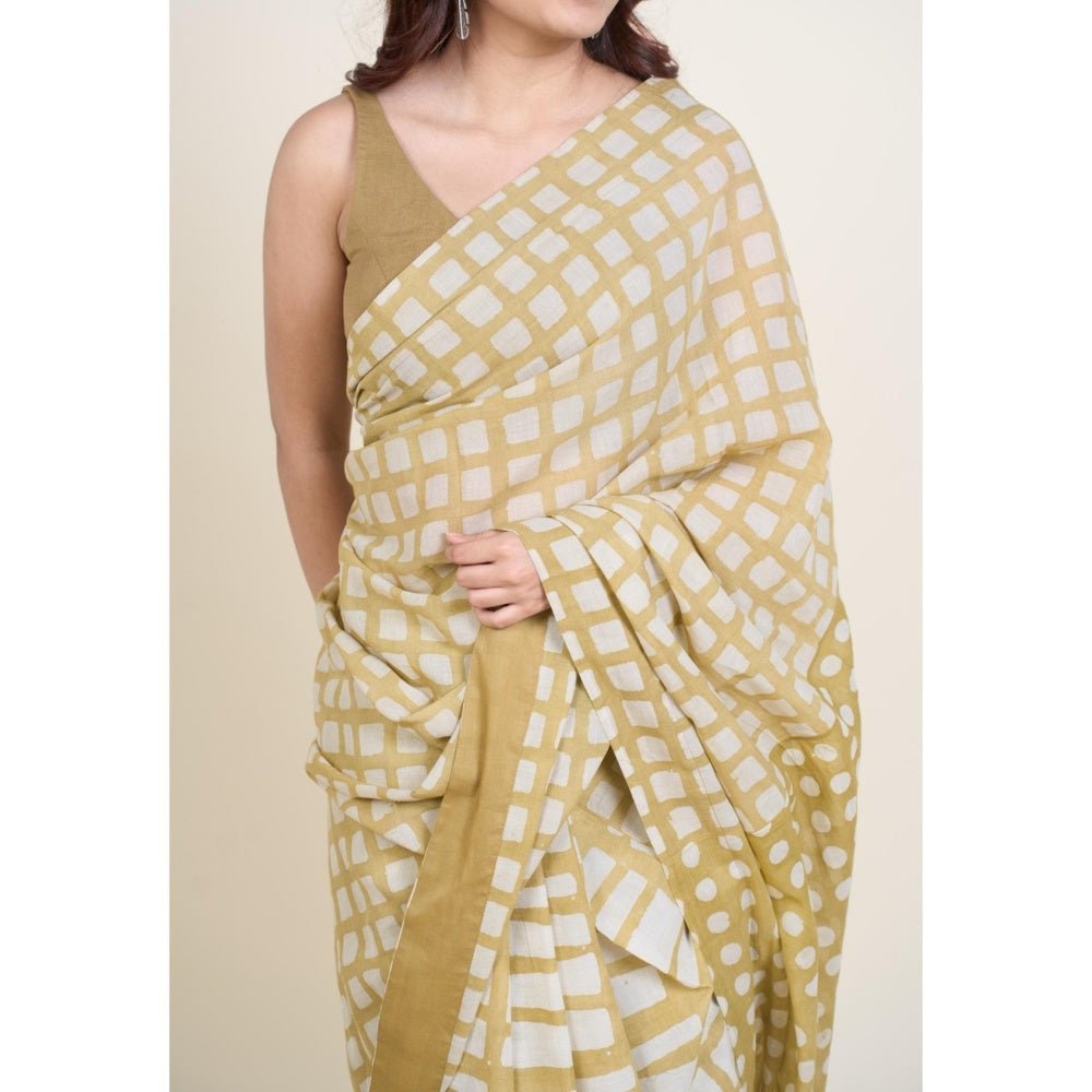 The Indian Ethnic Co. Urooj Khaki Batik Hand Block Print Mul Cotton Saree Without Blouse