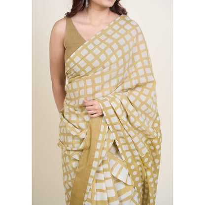 The Indian Ethnic Co. Urooj Khaki Batik Hand Block Print Mul Cotton Saree Without Blouse