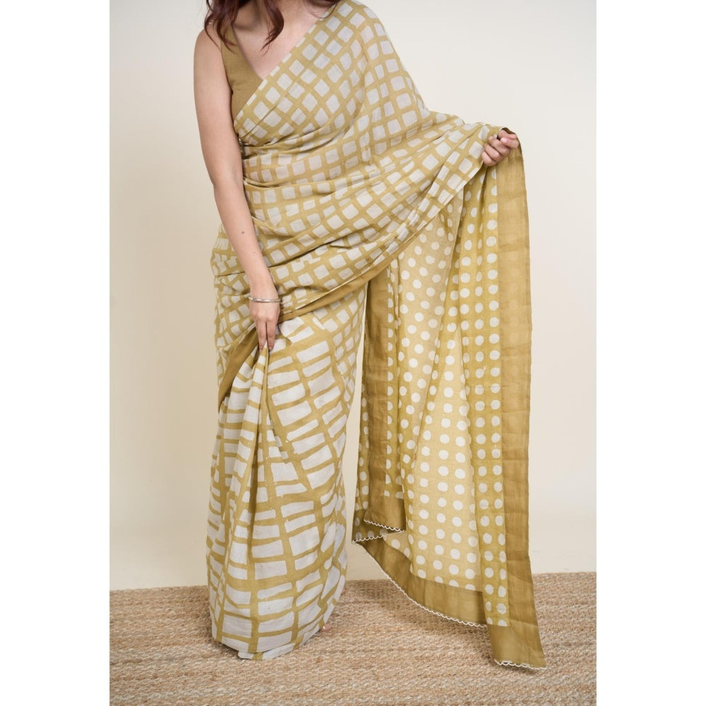 The Indian Ethnic Co. Urooj Khaki Batik Hand Block Print Mul Cotton Saree Without Blouse