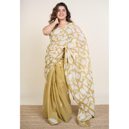 The Indian Ethnic Co. Sabiha Khaki Batik Hand Block Print Mul Cotton Saree Without Blouse