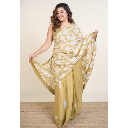 The Indian Ethnic Co. Sabiha Khaki Batik Hand Block Print Mul Cotton Saree Without Blouse