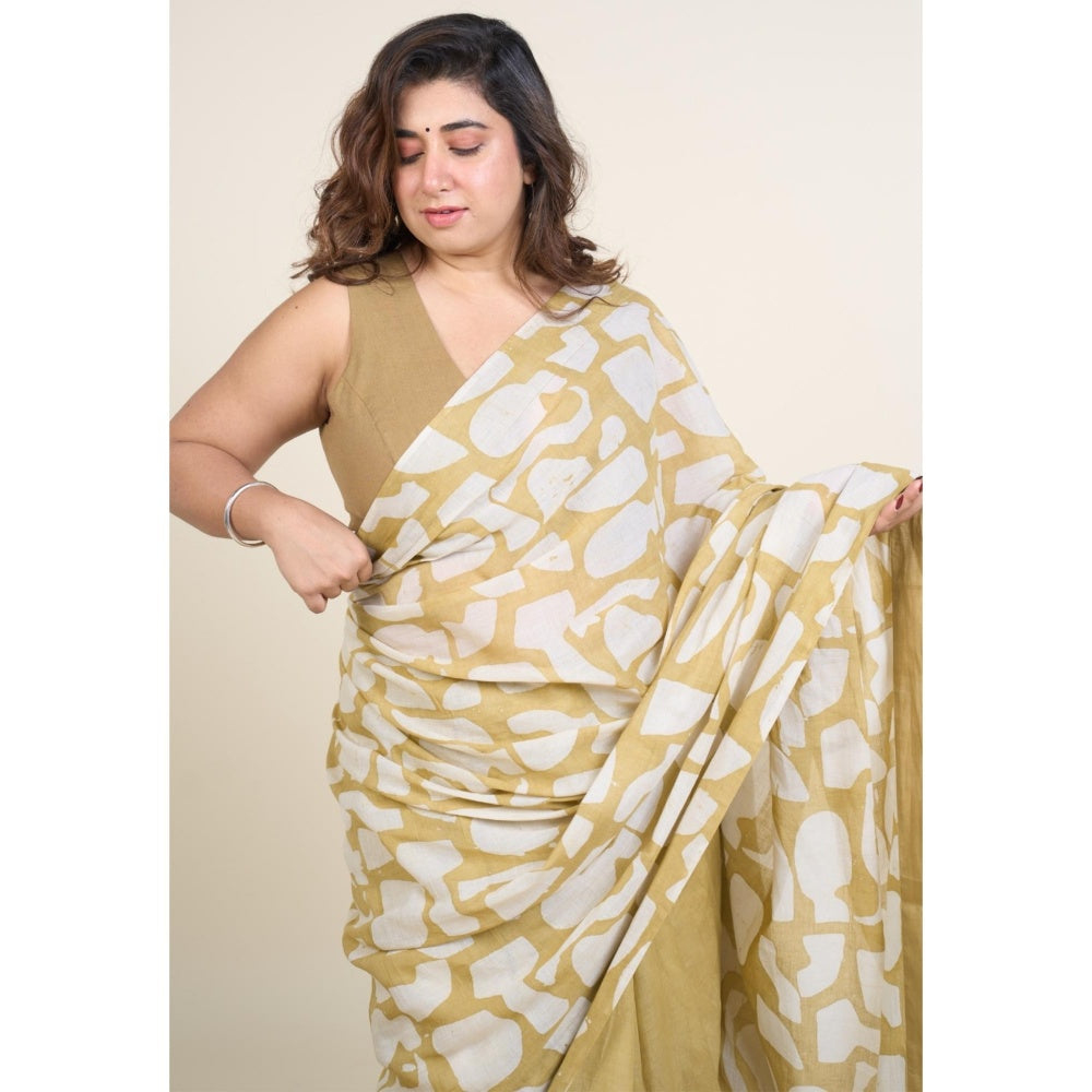 The Indian Ethnic Co. Sabiha Khaki Batik Hand Block Print Mul Cotton Saree Without Blouse