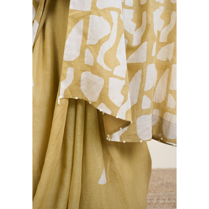 The Indian Ethnic Co. Sabiha Khaki Batik Hand Block Print Mul Cotton Saree Without Blouse
