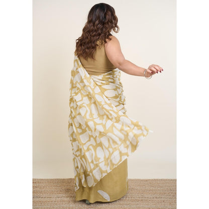 The Indian Ethnic Co. Sabiha Khaki Batik Hand Block Print Mul Cotton Saree Without Blouse