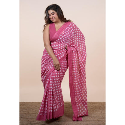 The Indian Ethnic Co. Areeza Pink Batik Hand Block Print Mul Cotton Saree Without Blouse