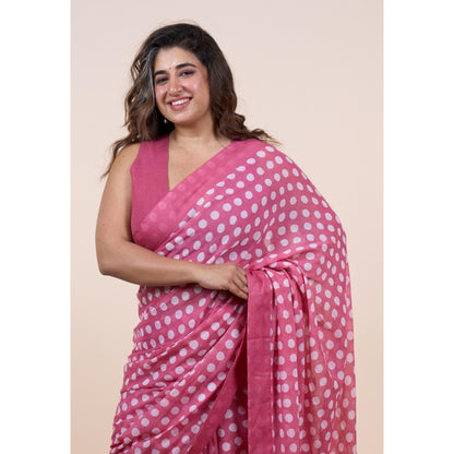 The Indian Ethnic Co. Areeza Pink Batik Hand Block Print Mul Cotton Saree Without Blouse