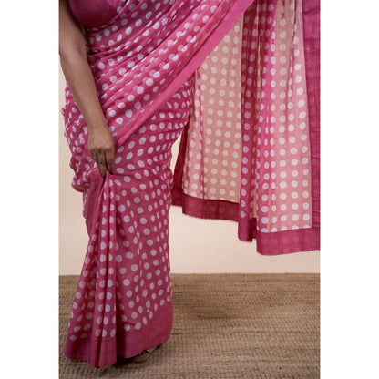 The Indian Ethnic Co. Areeza Pink Batik Hand Block Print Mul Cotton Saree Without Blouse