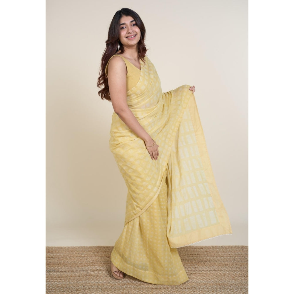 The Indian Ethnic Co. Ramisha Yellow Batik Hand Block Print Mul Cotton Saree Without Blouse