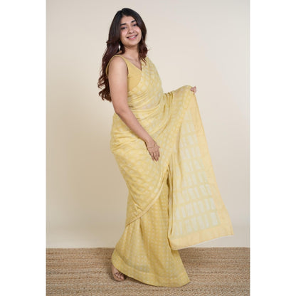 The Indian Ethnic Co. Ramisha Yellow Batik Hand Block Print Mul Cotton Saree Without Blouse
