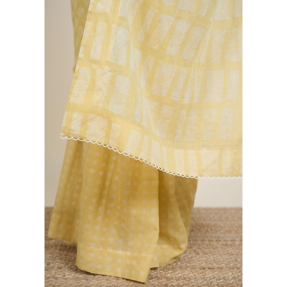 The Indian Ethnic Co. Ramisha Yellow Batik Hand Block Print Mul Cotton Saree Without Blouse