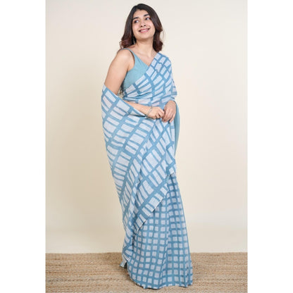 The Indian Ethnic Co. Mishi Blue Batik Hand Block Print Mul Cotton Saree Without Blouse
