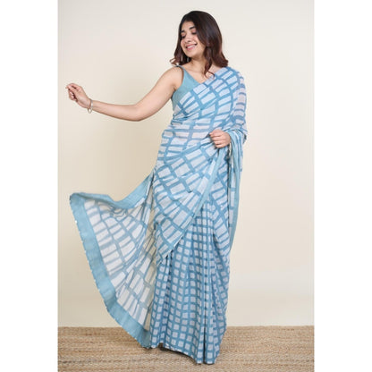 The Indian Ethnic Co. Mishi Blue Batik Hand Block Print Mul Cotton Saree Without Blouse