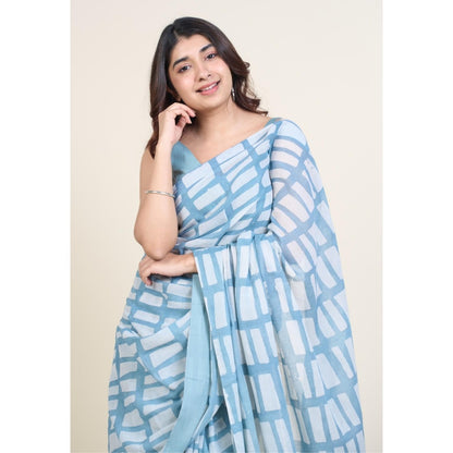 The Indian Ethnic Co. Mishi Blue Batik Hand Block Print Mul Cotton Saree Without Blouse