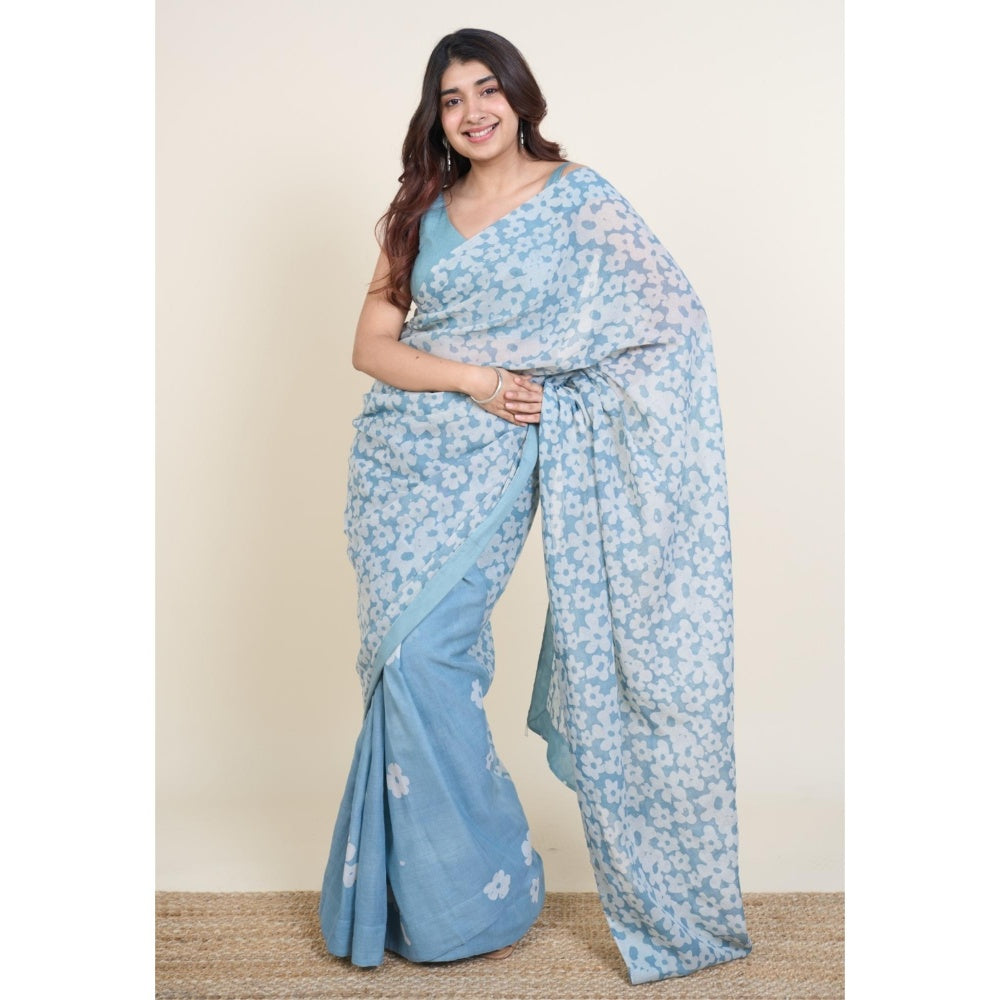 The Indian Ethnic Co. Warisha Blue Batik Hand Block Print Mul Cotton Saree Without Blouse