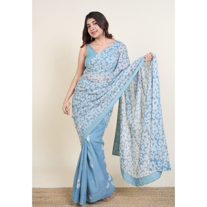 The Indian Ethnic Co. Warisha Blue Batik Hand Block Print Mul Cotton Saree Without Blouse
