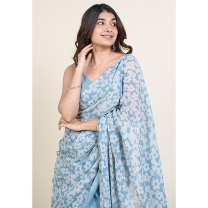 The Indian Ethnic Co. Warisha Blue Batik Hand Block Print Mul Cotton Saree Without Blouse