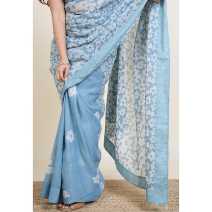 The Indian Ethnic Co. Warisha Blue Batik Hand Block Print Mul Cotton Saree Without Blouse