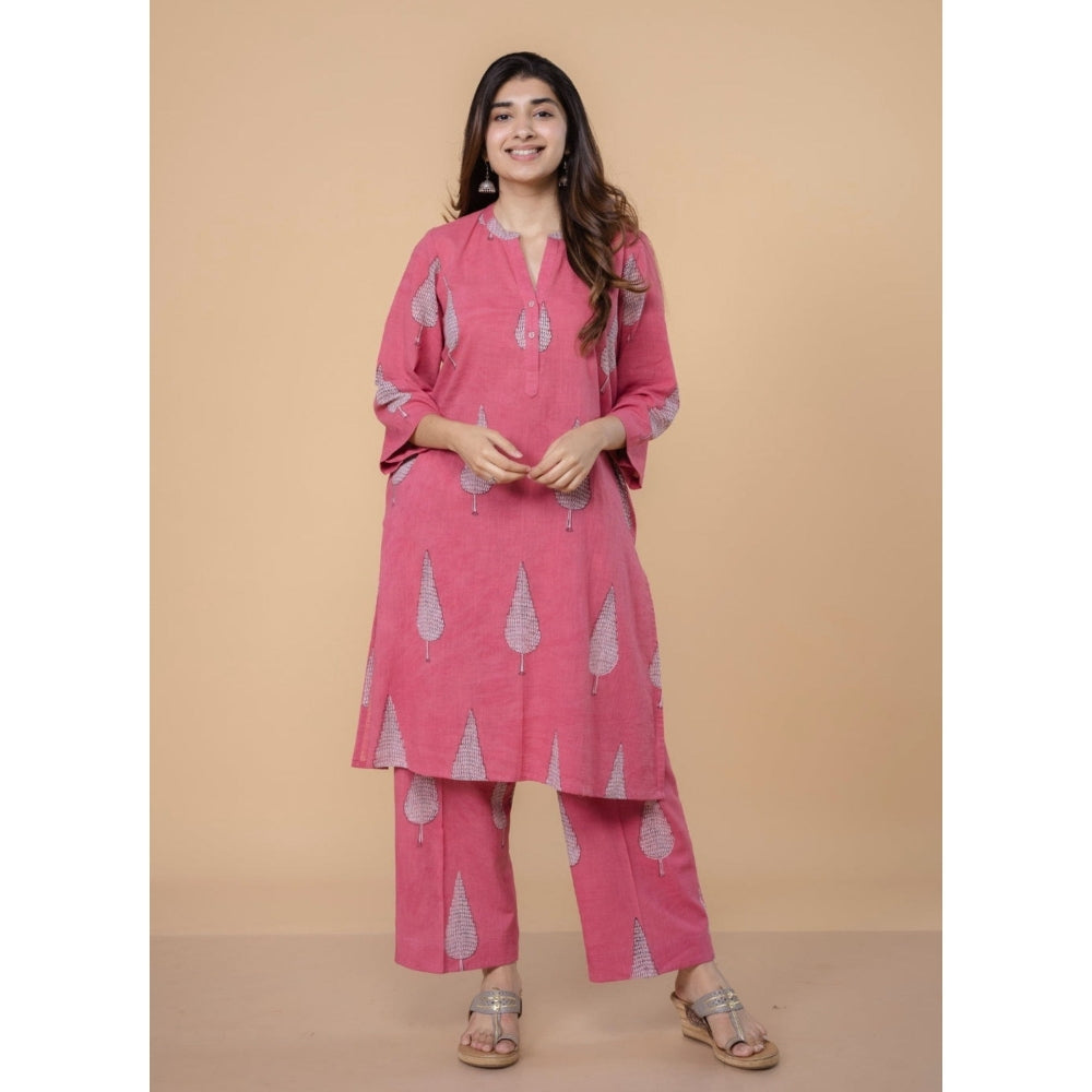 The Indian Ethnic Co. Nysa Pink Dabu Slub Cotton Straight Kurta with Pant