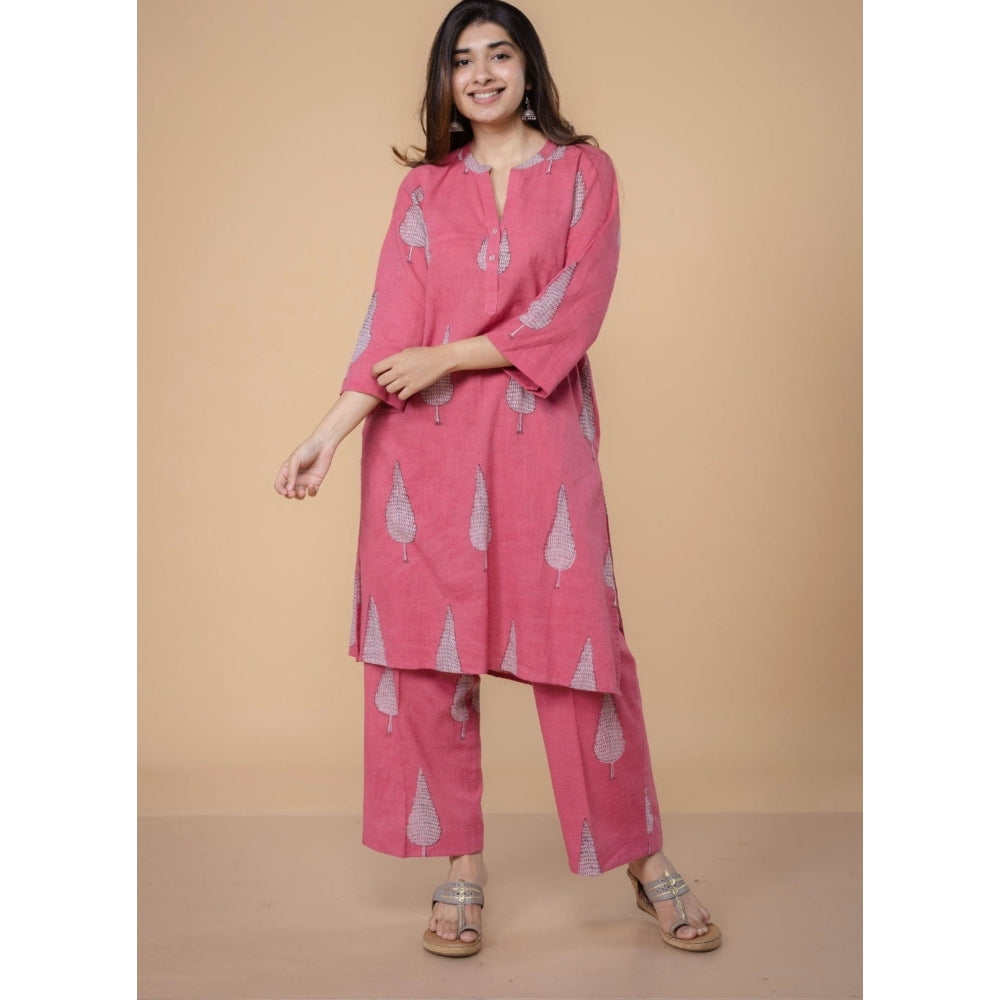 The Indian Ethnic Co. Nysa Pink Dabu Slub Cotton Straight Kurta with Pant