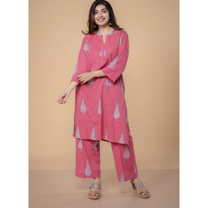 The Indian Ethnic Co. Nysa Pink Dabu Slub Cotton Straight Kurta with Pant