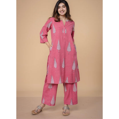 The Indian Ethnic Co. Nysa Pink Dabu Slub Cotton Straight Kurta with Pant