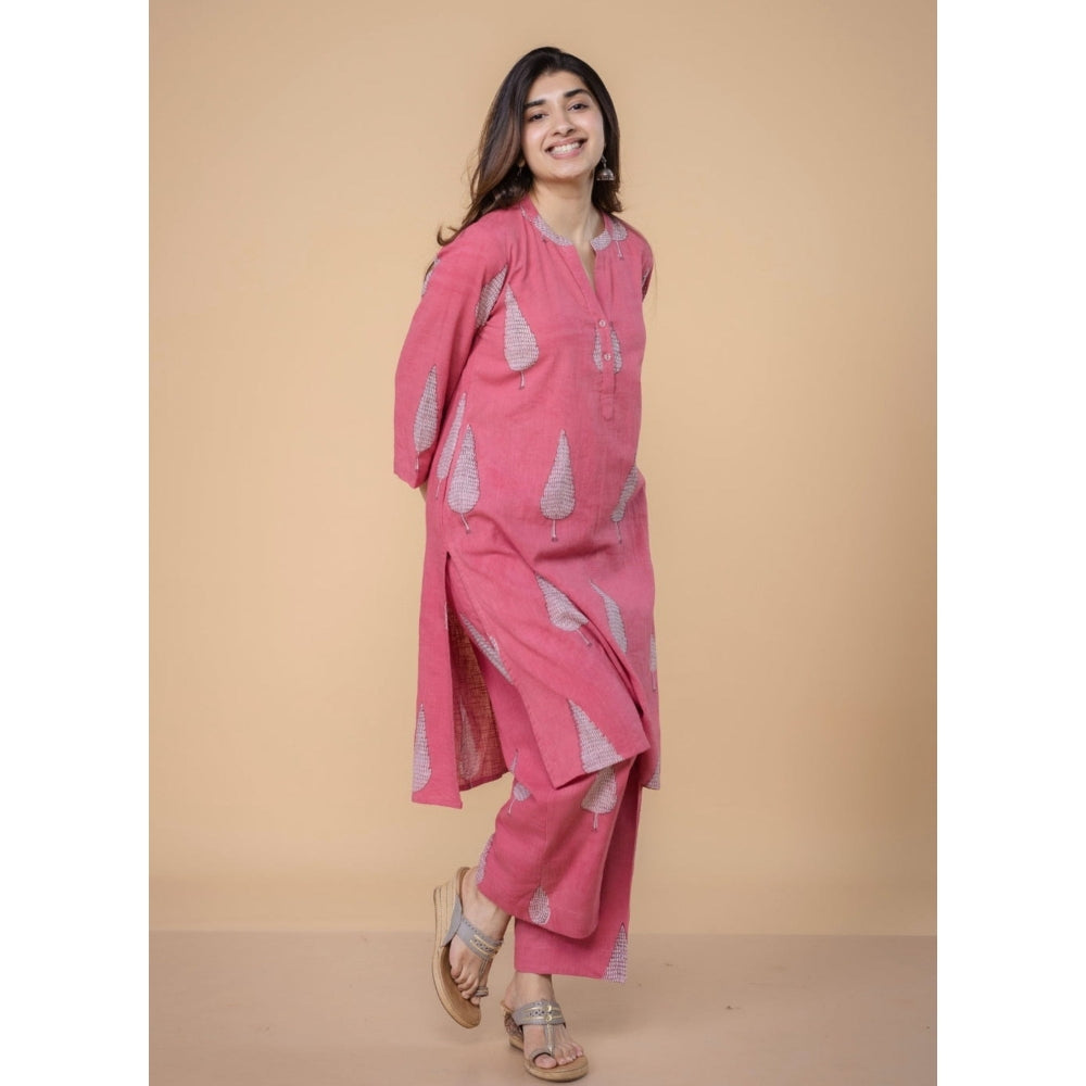 The Indian Ethnic Co. Nysa Pink Dabu Slub Cotton Straight Kurta with Pant