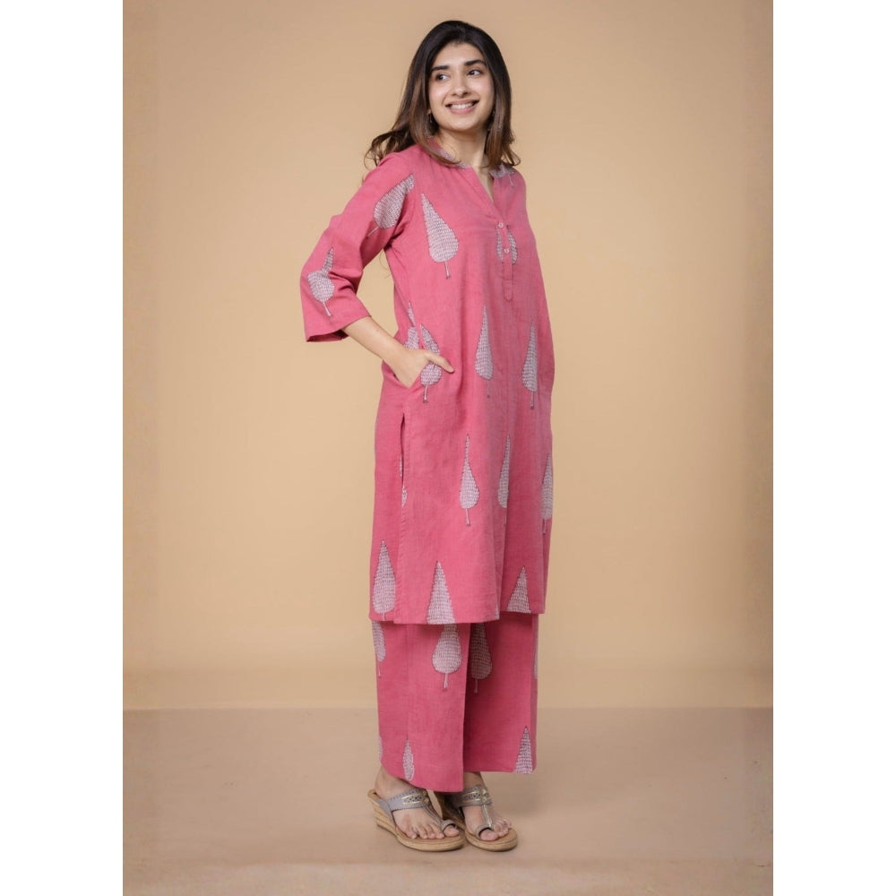 The Indian Ethnic Co. Nysa Pink Dabu Slub Cotton Straight Kurta with Pant