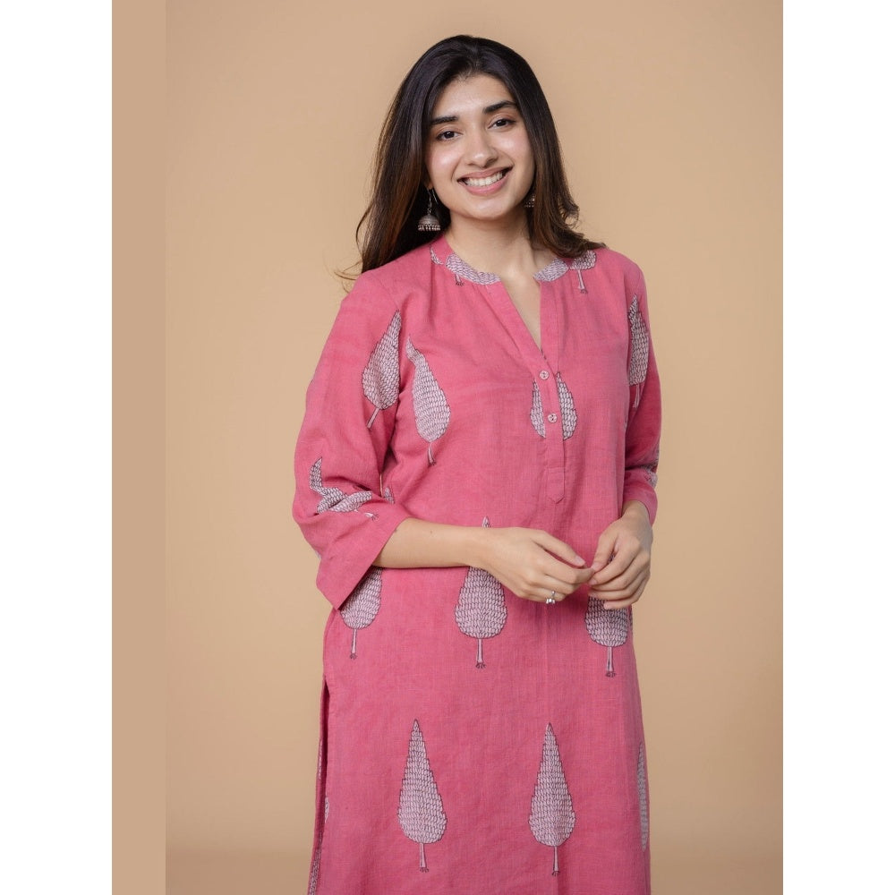 The Indian Ethnic Co. Nysa Pink Dabu Slub Cotton Straight Kurta with Pant