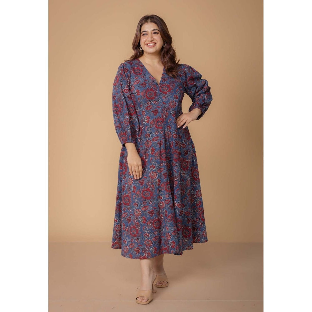 The Indian Ethnic Co. Eyza Blue Dabu Slub Cotton A Line Dress