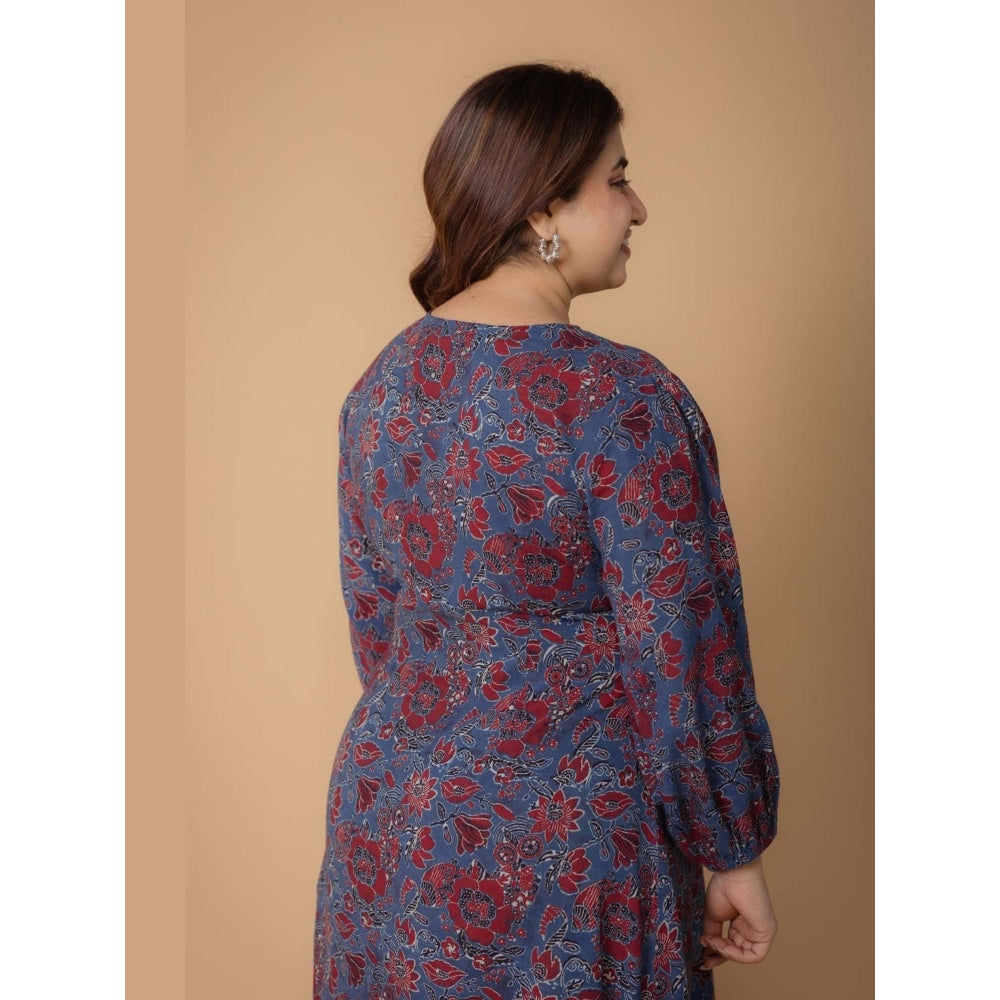 The Indian Ethnic Co. Eyza Blue Dabu Slub Cotton A Line Dress
