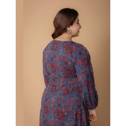 The Indian Ethnic Co. Eyza Blue Dabu Slub Cotton A Line Dress