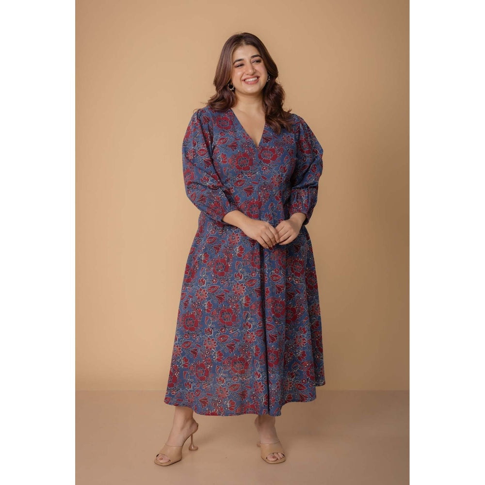 The Indian Ethnic Co. Eyza Blue Dabu Slub Cotton A Line Dress