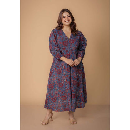 The Indian Ethnic Co. Eyza Blue Dabu Slub Cotton A Line Dress