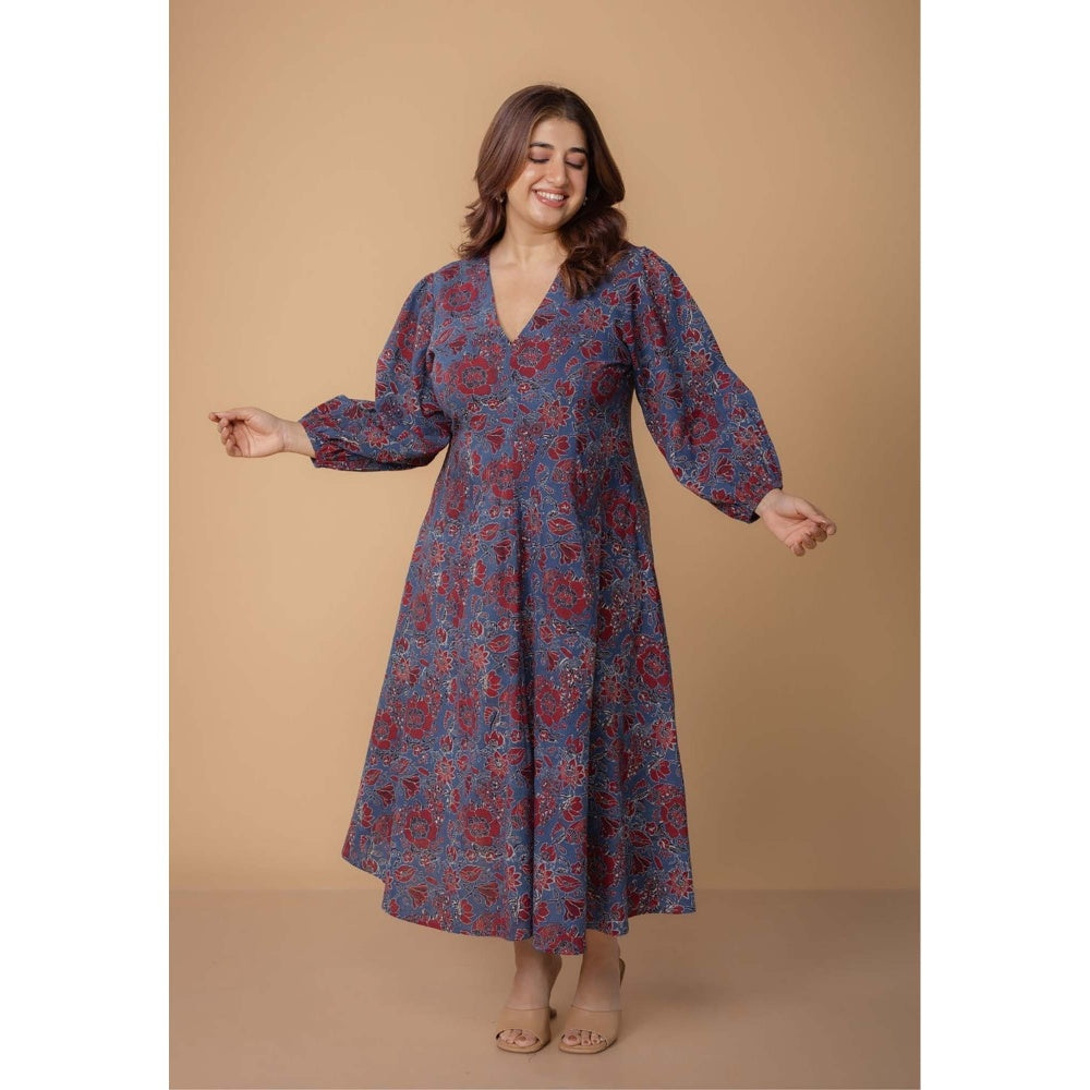 The Indian Ethnic Co. Eyza Blue Dabu Slub Cotton A Line Dress