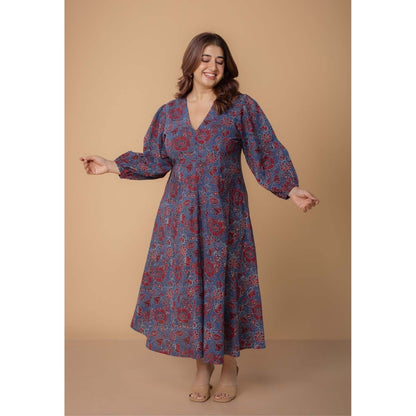 The Indian Ethnic Co. Eyza Blue Dabu Slub Cotton A Line Dress