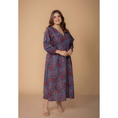 The Indian Ethnic Co. Eyza Blue Dabu Slub Cotton A Line Dress