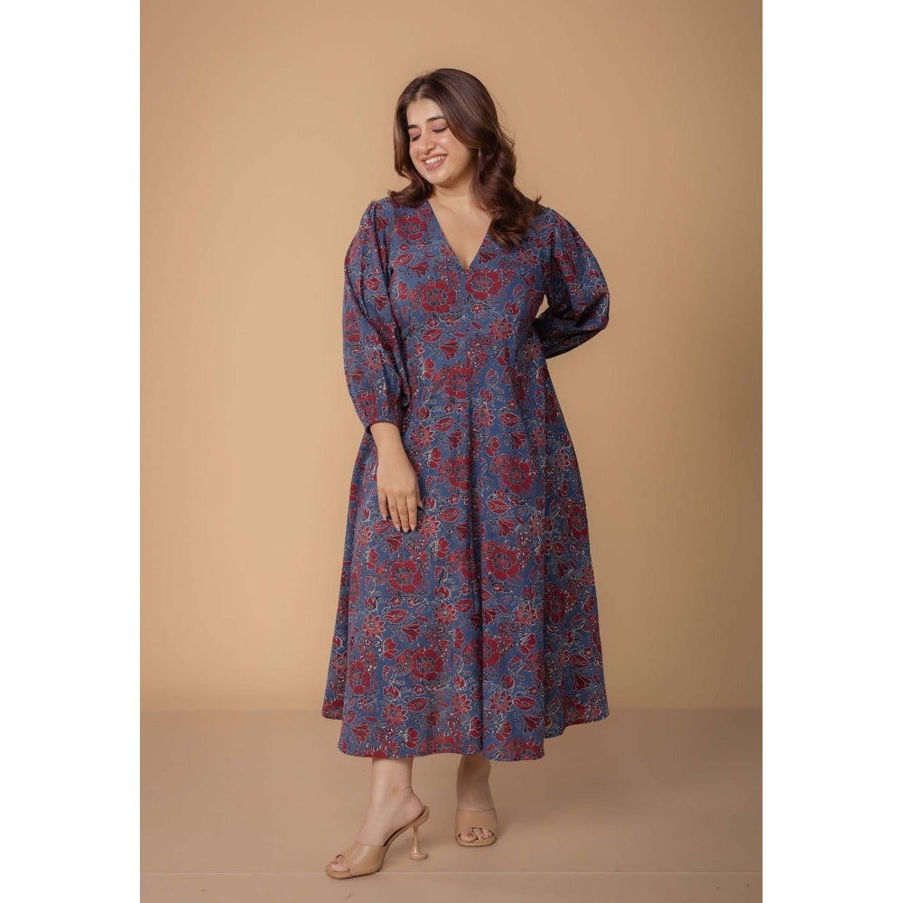 The Indian Ethnic Co. Eyza Blue Dabu Slub Cotton A Line Dress