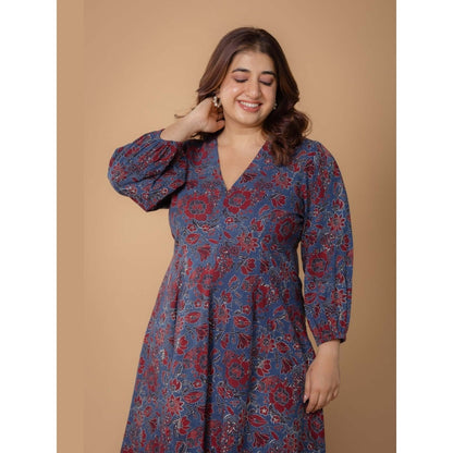 The Indian Ethnic Co. Eyza Blue Dabu Slub Cotton A Line Dress