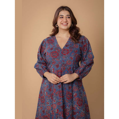 The Indian Ethnic Co. Eyza Blue Dabu Slub Cotton A Line Dress
