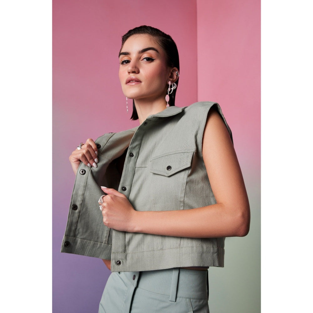 The Dapper Lady Prague Olive Solid Denim Jacket