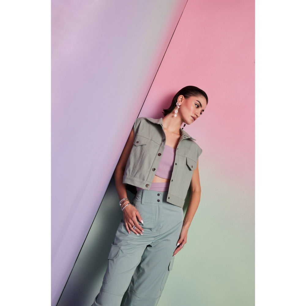 The Dapper Lady Prague Olive Solid Denim Jacket