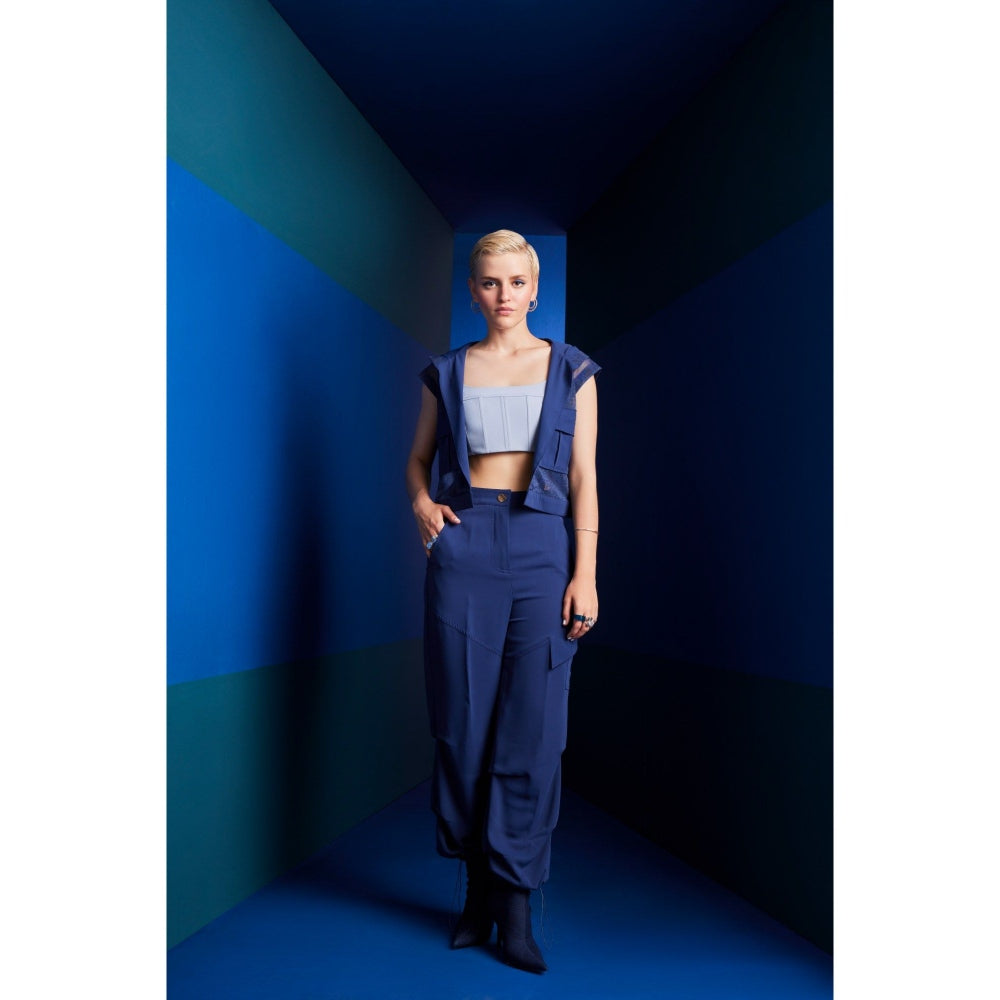 The Dapper Lady Seoul Navy Blue Solid Crop Jacket