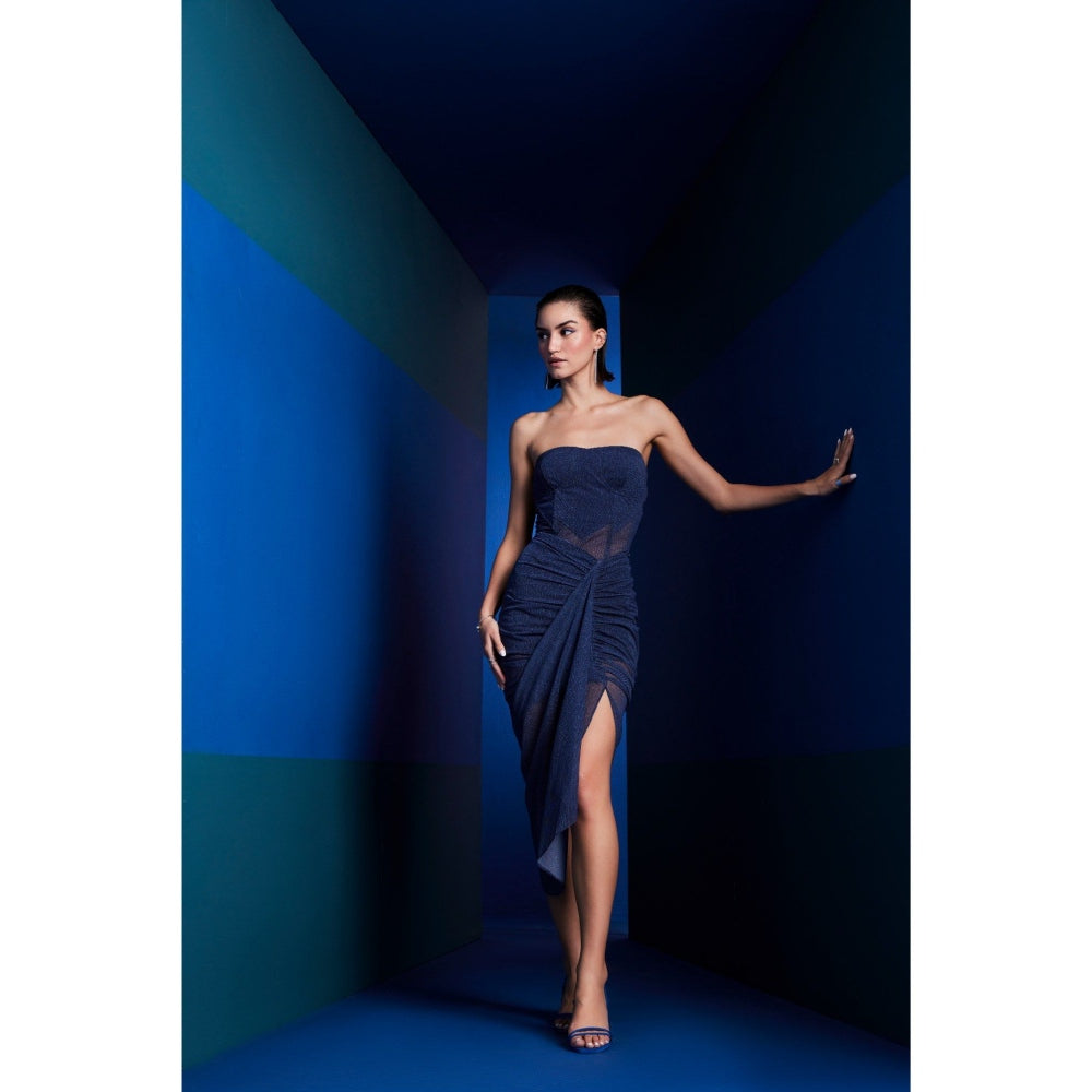 The Dapper Lady Seoul Navy Blue Solid Midi Skirt