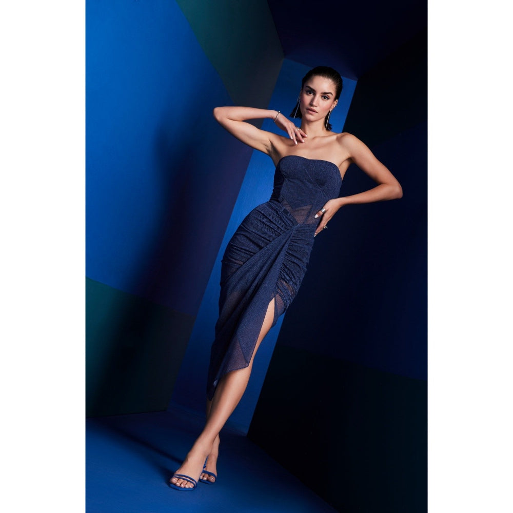 The Dapper Lady Seoul Navy Blue Solid Midi Skirt