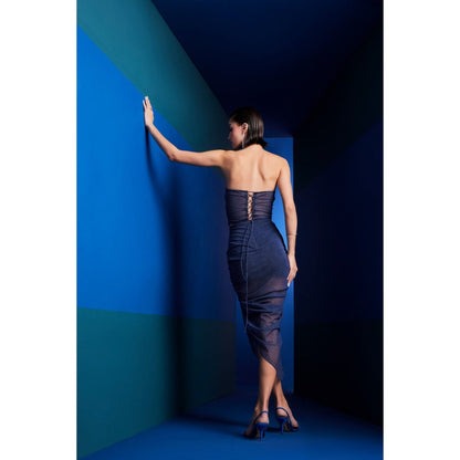 The Dapper Lady Seoul Navy Blue Solid Midi Skirt