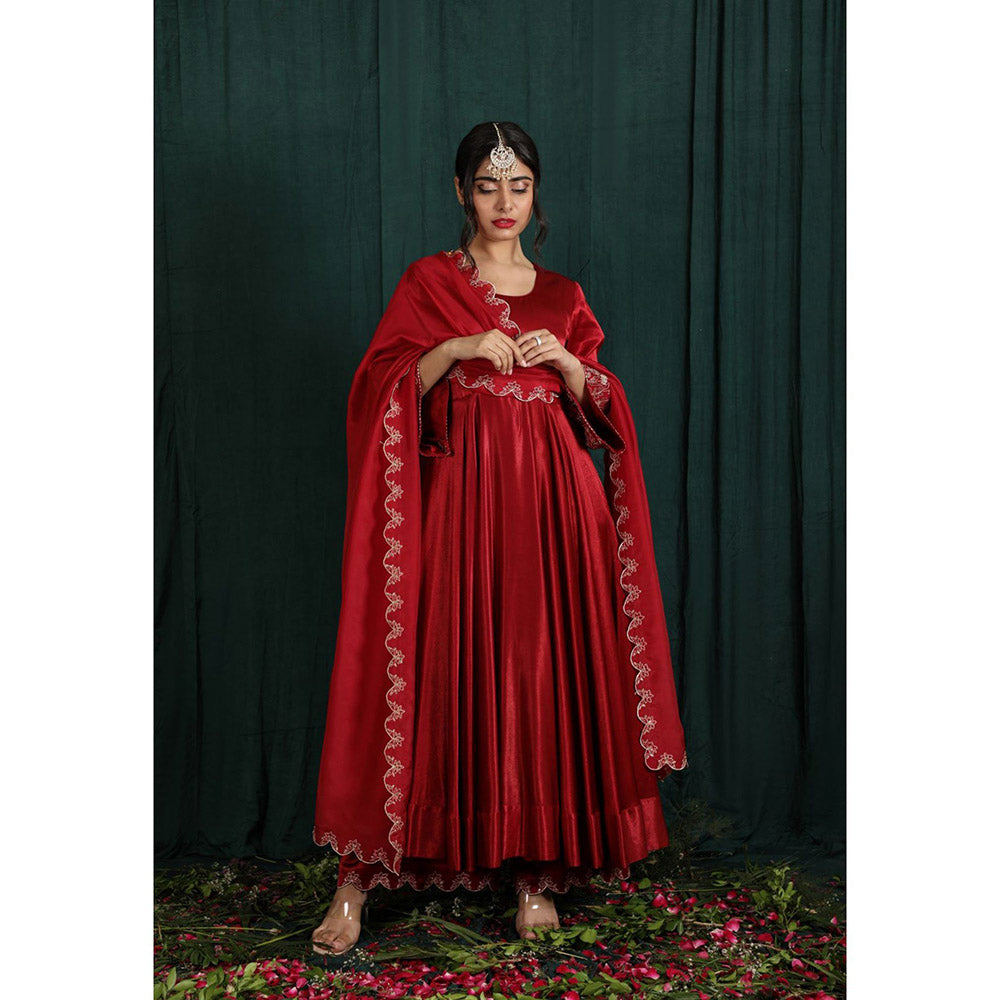 THE AARYA Ruby Red Mashru Silk Embroidered Anarkali (Set of 3)